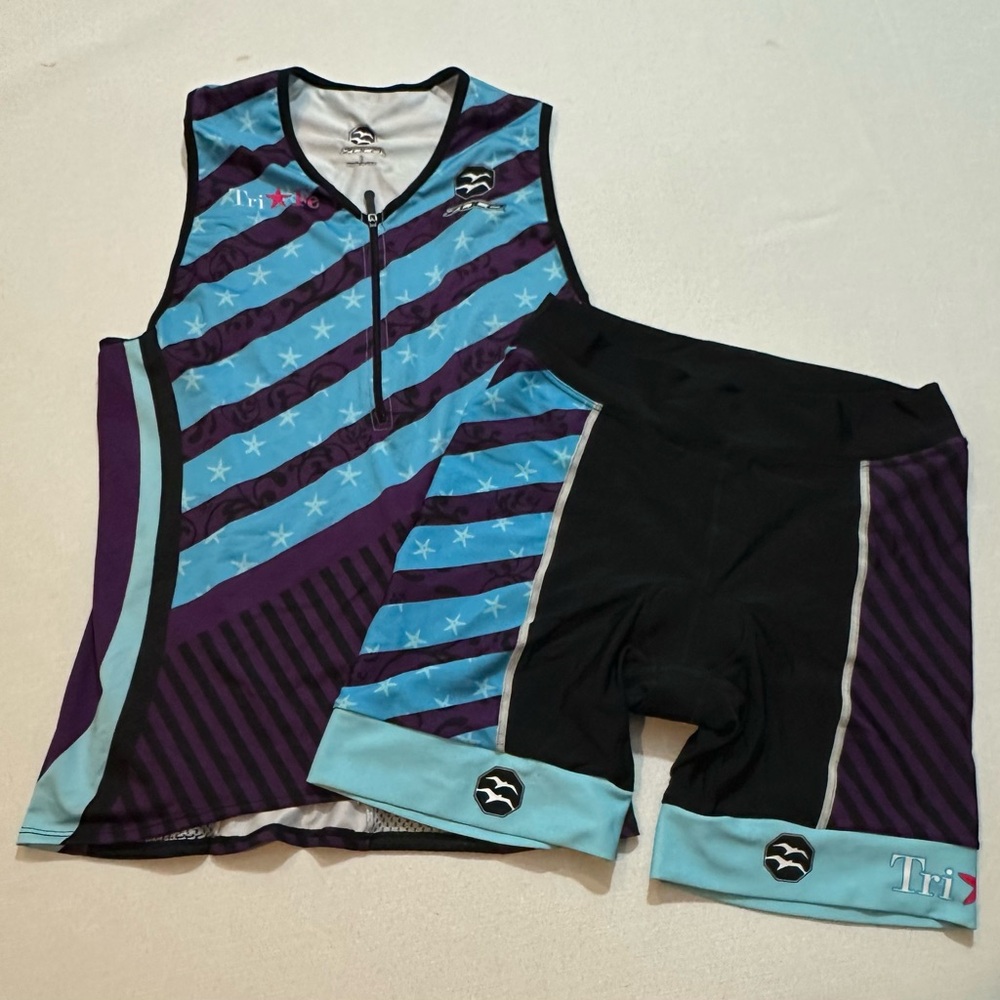 Zoca Triathlon Kit Set Women L Top & XL Shorts Cycling Padded Blue Purple USA
